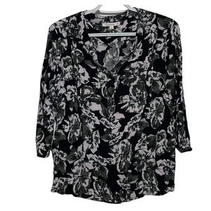 Fun 2 fun Women's 3/4 Button Front V-Neck 3/4 Sleeve Blouse Black Green Size 1X‎